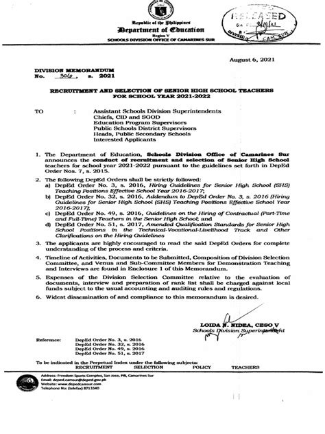 Department of Omcatton: Schools Division Office of Camarxnies .